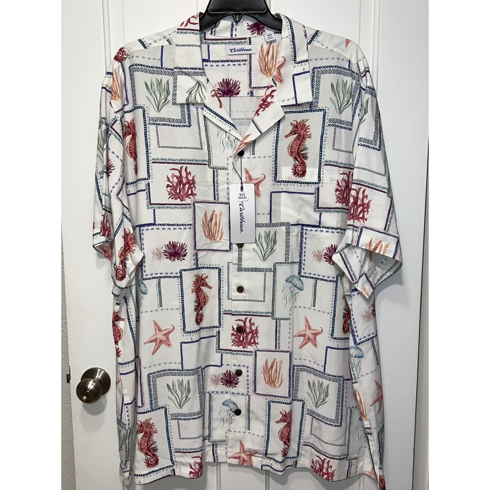 Caribbean Roundtree & Yorke Mens 4XB Big Man Ocean Seahorse Modal Camp Shirt NWT